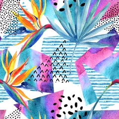 Behang Aquarel tropische bloemen op geometrische achtergrond met doodles. © Tanya Syrytsyna