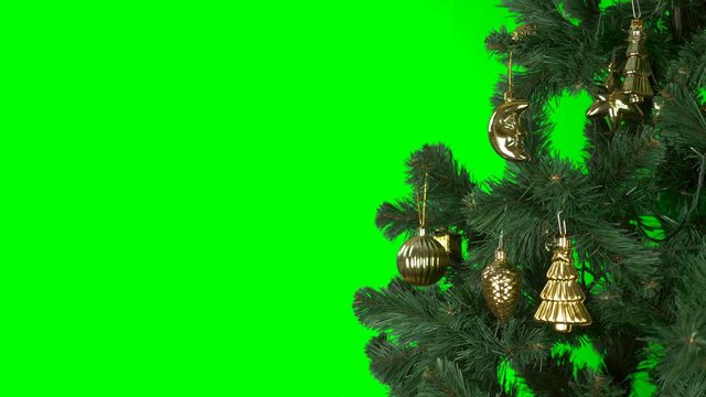 Alpha Channel transparent background. Green fir-tree with golden decoration rotate. Tamplate for greeting card to celebrate Merry Christmas and Happy New Year Holiday. Slow motion effects.