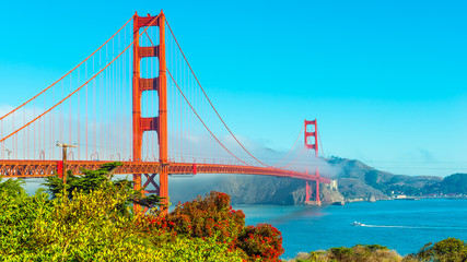 Panorama of Golden Gate Bridge. The famous Golden Gate Bridge. San Francisco, California. Bright saturated color, halftone.