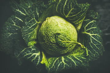 Raw fresh uncooked green cabbage over dark background, top view, selective focus, horizontal composition