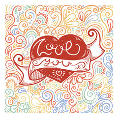 Hand drawn doodle lettering with Love You text on floral pattern.