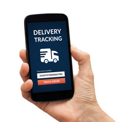Hand holding a phone with delivery tracking concept on screen. Isolated on white background. All screen content is designed by me.