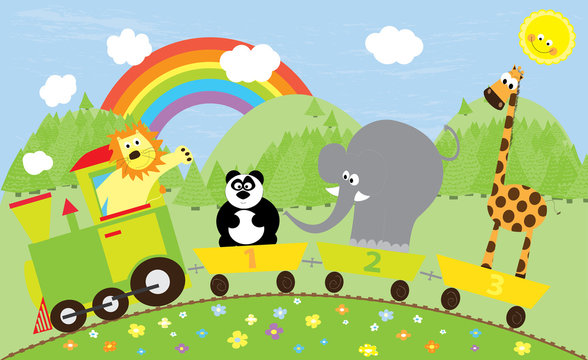 cartoon train with wild animals and the background with green hills, blue sky, rainbow, smiling sun 