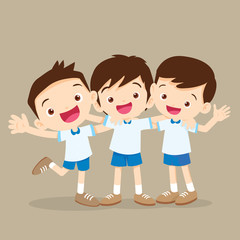 Three boys pupil hugging and smiling