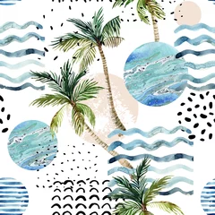 Foto op Plexiglas Kunst illustratie met palmboom, doodle en marmeren grunge texturen. © Tanya Syrytsyna