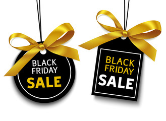 Black friday sale tag with golden bow for your design. Vector set of discount labels - obrazy, fototapety, plakaty