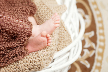 Close up picture of new born baby feet in knitted plaid