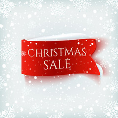 Christmas Sale, red realistic paper banner on winter background.