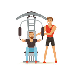 Professional fitness coach and man flexing muscles on trainer gym machine, people exercising under control of personal trainer vector Illustration