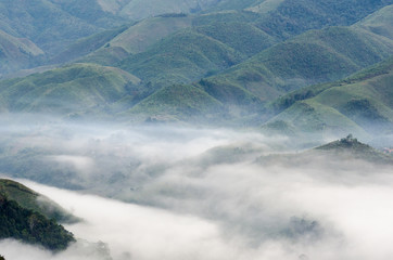 Village in the mist in the winter.