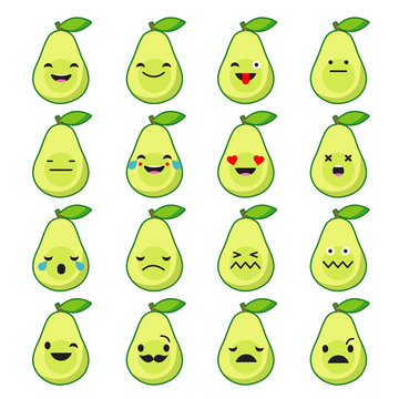 Set Emotions Avocado. Cute cartoon. Vector style smile icons. 