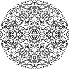 Abstract mandala ornament. Asian pattern. Black and white authentic background. Vector illustration. Woman face.