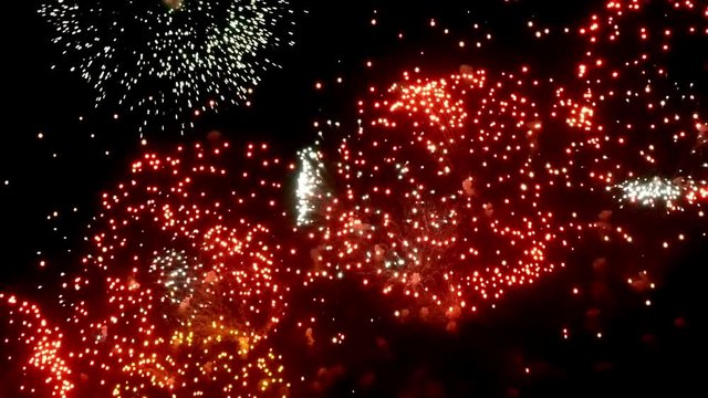 Firework display glaring colorful at night on black background. Bright explosions. Amazingly beautiful. Salute for new year Christmas and other holidays. Macro video closeup footage 30p.