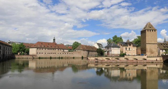 Panorama of Ponts Couverts bridge on sunny summer day in Strasbourg, France
