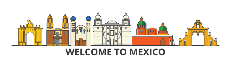 Mexico outline skyline, mexican flat thin line icons, landmarks, illustrations. Mexico cityscape, mexican vector travel city banner. Urban silhouette - obrazy, fototapety, plakaty