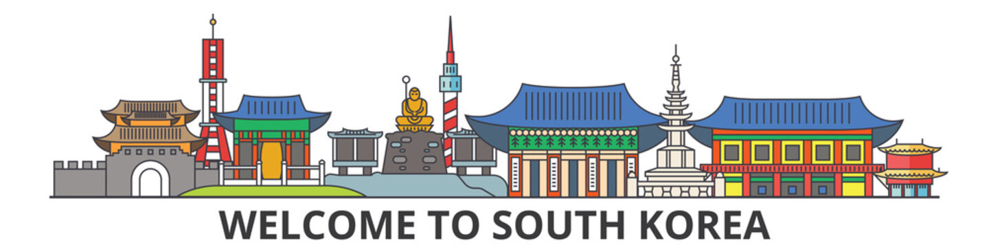 South Korea outline skyline, korean flat thin line icons, landmarks, illustrations. South Korea cityscape, korean vector travel city banner. Urban silhouette