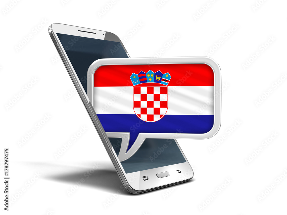 Poster touchscreen smartphone and speech bubble with croatian flag. image with clipping path