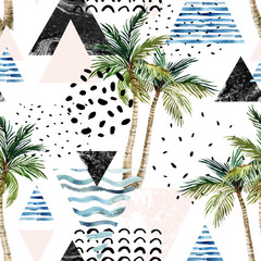 Art illustration with palm tree, doodle, marble, grunge textures, geometric shapes