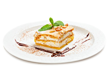  Piece of cake on a white  plate.