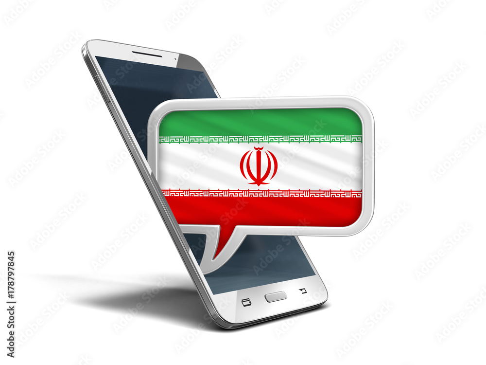Poster touchscreen smartphone and speech bubble with iranian flag. image with clipping path