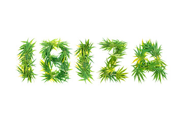 Word IBIZA made from green cannabis leaves on a white background. Isolated