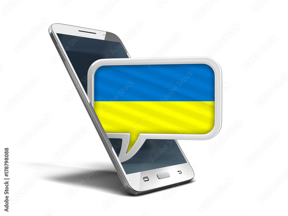 Poster touchscreen smartphone and speech bubble with ukrainian flag. image with clipping path