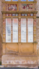 Decorated window of the historic Tempelhaus building in Hildesheim