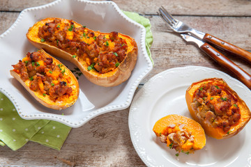 Pumpkin stuffed with meat, vegetables and herbs