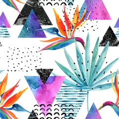 Poster Aquarel exotische bloemen, bladeren, grunge texturen, doodles naadloze patroon in rave kleuren © Tanya Syrytsyna