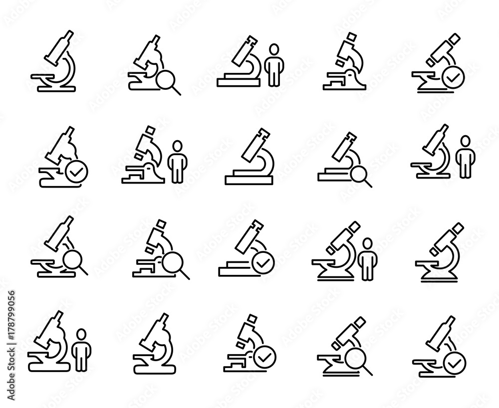 Poster simple collection of microscope related line icons.