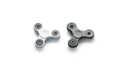 Blank black and white fidget spinner mock up, side view, 3d rendering. Clear spinning toy mockup, design template. Empty stress reliever tri-spinner. Trend gadget for branding or pattern printing.