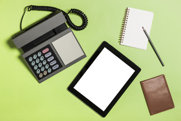 office props(stationary) on the green background.