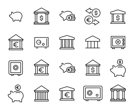 Premium Set Of Bank Line Icons.