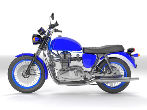 3d illustration of a blue black classic motorcycle isolated on white background.