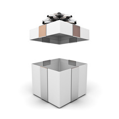 Open gift box , present box with silver ribbon bow isolated on white background with shadow . 3D rendering.