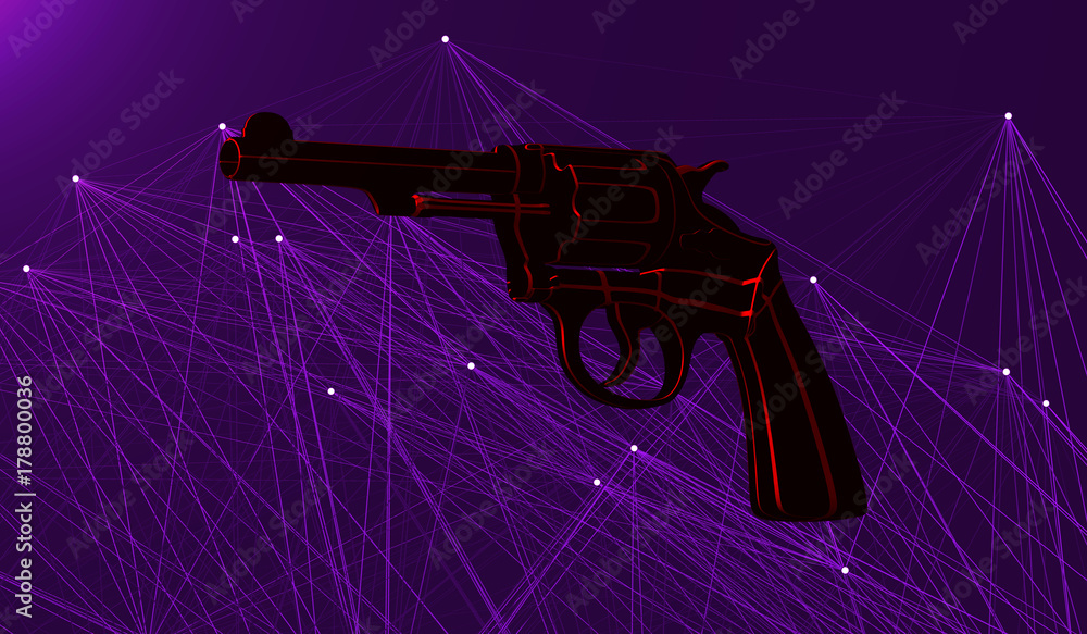 Poster gun with neon contours on the background of plexus