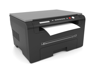 3d illustration of black inkjet printer for printing, isolated on white background.
