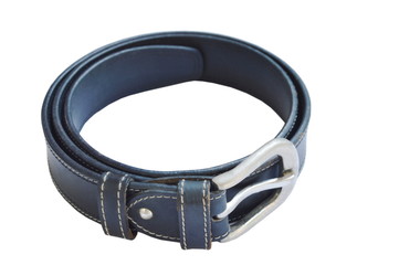 black leather men belt roll on white background