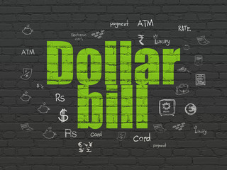 Currency concept: Painted green text Dollar Bill on Black Brick wall background with  Hand Drawn Finance Icons