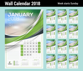 Vector calendar template for 2018 year. Set of 12 months. Vector design print template with abstract wave elements and place for photo. Week starts on Sunday