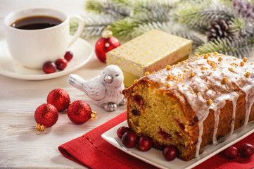 Christmas cranberry loaf and cup of coffee. 