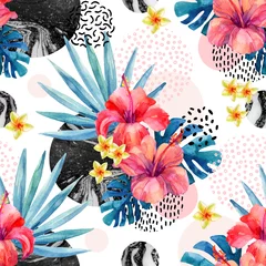Abwaschbare Fototapete Grafikdrucke Watercolor tropical flowers on geometric background with marbling, doodle textures