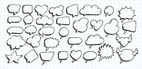 Artistic collection of hand drawn doodle style comic balloon, cloud, heart shaped design elements. Isolated and real pen sketch. Vector Illustration