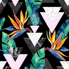 Poster Aquarel exotische bloemen, bladeren, grunge texturen, doodles naadloze patroon © Tanya Syrytsyna