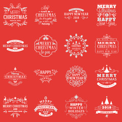 Set of Merry Christmas and Happy New Year Decorative Badges for Greetings Cards or Invitations. Vector Illustration. Typographic Design Elements