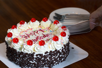 Birthday cake with candles and layer white dish for eat