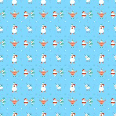 Cute Christmas seamless pattern with snowmans on blue ice. Vector background for wrapping paper or greeting cards