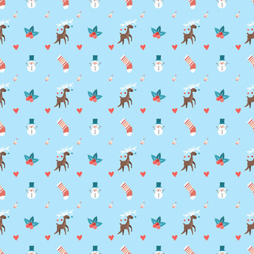 Cute Christmas seamless pattern with reindeer, snowman and sock. Vector background for wrapping paper or greeting cards