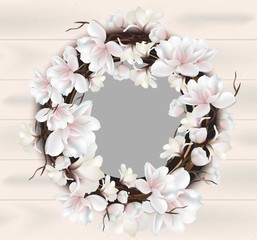 Magnolia floral wreath frame card Vector. Place for texts