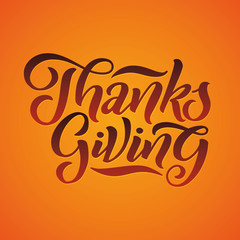 Vector illustration Hand lettering modern brush pen text of Happy Thanksgiving Day isolated on orange background. Handmade calligraphy.
